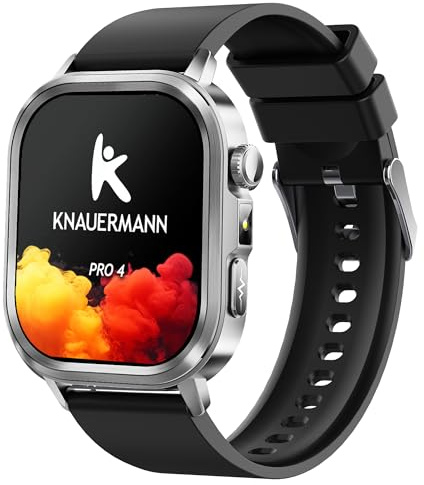 Knauermann PRO 4 (2026) Eckig Silber - EKG Gesundheitsuhr mit Blutdruck, Puls und Blutsauerstoff Messung, Telefonfunktion, Schlafanalyse, IP67, 46 mm - Silikon Schwarz