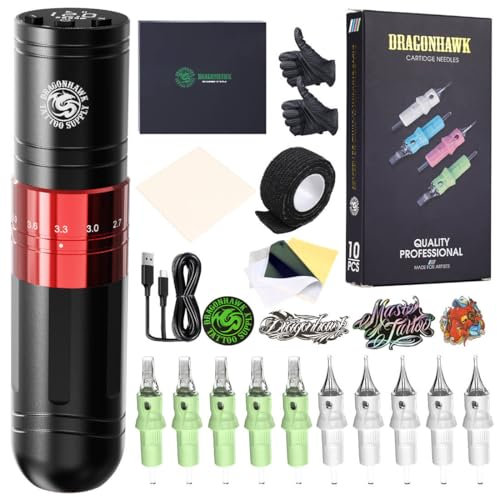 Dragonhawk Tattoo Maschine Kit kabellose Tätowiermaschine Pen Stroke Length 2.4-4.2mm Tattoo Gun Kit with 1500mAh Akku Power Supply Digital Display Tattoo nadeln Cartridges for Beginners