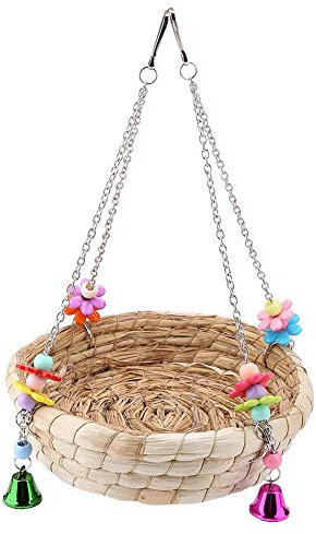 Vogelnest Bett Straw Nest Natur handgewebte Stroh Nest Bett-Schaukel Spielzeug mit 4 Metallglocken Spielzeug für Wellensittiche Nymphensittich Papageien Sittiche Käfig Spielzeug