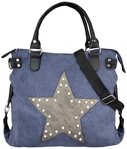 Damen FASHION Handtasche Sterne Canvas TOP TREND Tragetasche (M1 Nieten Blau/Grau)