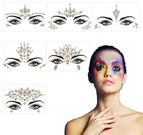 CHIFOOM 6stk Nachtleuchtende Gesicht Glitzersteine Halloween Gesichtstattoo Selbstklebend Strasssteine Leucht im Dunkle Temporäre Tattoos Festival Edelsteine Steine für Gruselparty Party Karneval