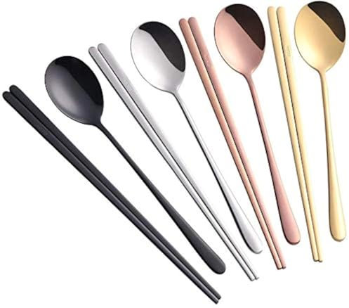 Buyer Star Palillos y Cuchara 4 Colores Metal Reutilizable Acero Inoxidable Juego de Cucharas de Palillos Coreanos