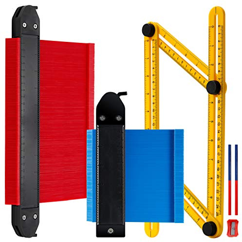 Contour Gauge Duplicator with Lock, Extra Wide Plastic Outline Profile Shape Contour Duplications Gauge Tool 5 & 10, 2 Pack Widen Guage with Angle Layout Measuring Ruler, Pencil, Pencil Sharpener