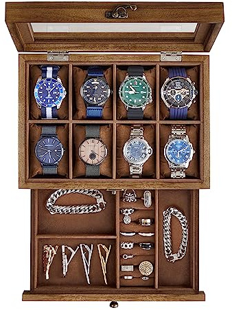 SONGMICS 8-Slot Watch Box, 2-Tier Watch Display Case with Large Glass Lid, Removable Pillows, Velvet Lining, Jewelry Box, Gift Idea, Rustic Walnut UJOW008K01