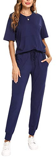 Irevial Damen Sportanzug Set Jogginganzug Zweiteiler Trainingsanzug Kurzarm Baumwolle 2 Teilig Freizeitanzug Sportswear Freizeitkleidung Sportswear für Running Yoga Gym Navy Blau L