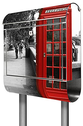 banjado® Briefkasten mit Standfuß Motiv London Red Telephone - Stand Briefkasten Edelstahl mit Zeitungsfach - Postbox/Postkasten A4 Einwurf inkl. Montagematerial & 2 Schlüssel