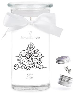 JuwelKerze Fluffy Cotton Ohrringe Silber - Schmuckkerze 80 Std - große Duftkerze mit Baumwolle & Leinen Duft - weiße Kerze mit Schmuck Überraschung - Geschenke für Frauen, Geburtstag