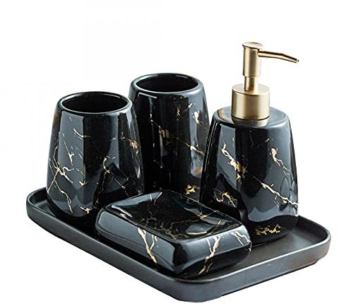 YYW Keramik-Badezimmer-Sets, 3/4/5-teilig, modernes Luxus-Badezimmer-Zubehör-Set, Marmor-Muster, Keramik-Badezimmer-Sets, Zubehör für Zuhause, Wohnung, Schlafsaal (schwarz, 5-teiliges Set)