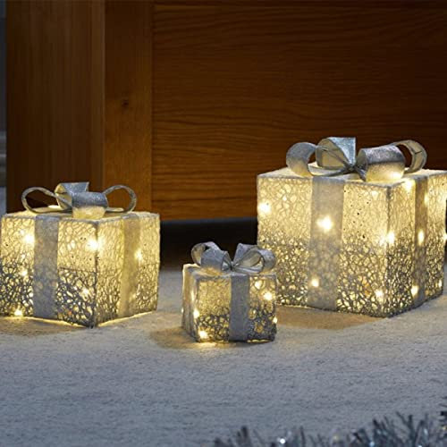 Marco Paul Boxen mit 45 LED-Lichtern – batteriebetriebener, vorbeleuchteter automatischer Timer, beleuchtet, Festival-Zubehör, Geschenkbox, Paket – silberfarbene glitzernde Weihnachtslichter für den