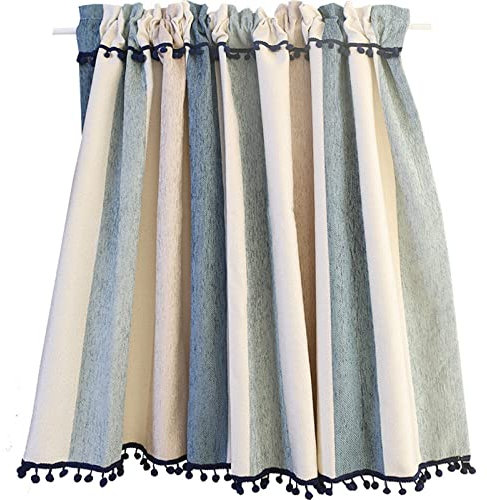 A.Monamour Rideau de Cuisine Court pour Petit Fenêtre Opaque Bleu Beige Rayé Rideau Brise-bise Rideaux à étages Rideaux à Disques Panneaux Cantonnières Demi Rideau Passe-Tringle pour Bistro Café