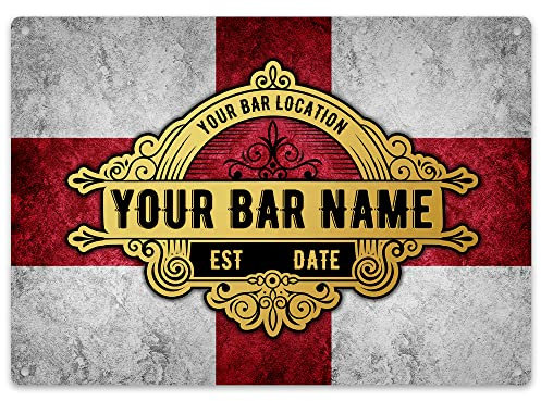 Purple Print House Personalised England Metal Bar Sign, St Georges Day Flag Garden Sign, Football Bar Accessories For Home Pub, Cocktail Gin Bar Custom Text, Gift Idea For Him, Large, White