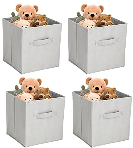 Holdfiturn 4Pcs Fabric Storage Box Collapsible Storage Baskets Cube Foldable Canvas Organiser Boxes Storage Bins for Clothes Books Toys Sundries 28 x 28 x 28 cm (Pure Gray)