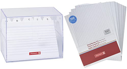 Brunnen 1020560 Karteikasten 16, 1 x 13, 7 x 8, 5 cm Polystyrol Transparent & 102250100 Karteikarte (A5 liniert, 100 Stück, eingeschweißt) weiß