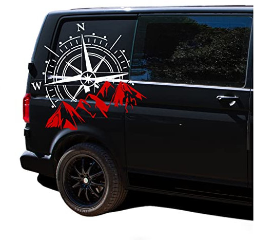 Autoaufkleber Kompass Sport Mountains 60x56cm Windrose Sticker Folie für Auto Wohnwagen Anhänger Aufkleber Selbstklebend Kfz Zubehör KX072 KX073 (Kompass weiß, Berge Rot)
