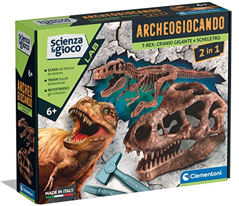 Clementoni - Wissenschaft Archäogiocando-Dig Trex 2in1-Dinosaurus, Fossilien zum Ausgraben und Zusammenbauen, Archäologenkit, Wissenschaftsspiel 7 Jahre, Version Made in Italy, italienische Farbe,