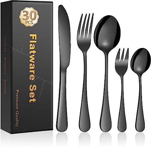 Cinnani Schwarz Besteck Set 6 Personen, 30 Teilig Edelstahl Besteckset, Essbesteck Set mit Messer Gabel Löffel, Schwarzes Besteck für Haus Party Restaurant, Spülmaschinenfest