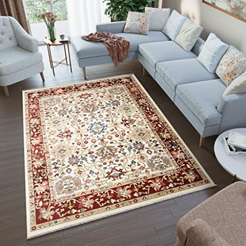 TAPISO Rivoli Teppich Kurzflor Traditioneller Teppich Fransen Beige Braun Blau Rot Blumen Ornament Rahmen Wohnzimmer Schlafzimmer Modern Design ÖKOTEX 120 x 170 cm