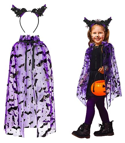 Hifot Murcielago Kostüm für Mädchen, 2 Stück, Fledermaus-Umhang aus violettem Tüll und Fledermaus-Stirnband, Halloween-Zubehör für Halloween-Party, Cosplay, Fantasie-Kostüm, Karneval, Rollenspiel