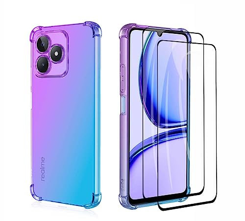 GOKEN Funda para Realme C51 / Realme C53 y 2 Piezas Cristal Templado, TPU Silicona Gradiente Transparente Protección Carcasa, Bumper Caso Case Cover con Shock- Absorción, Morado/Azul