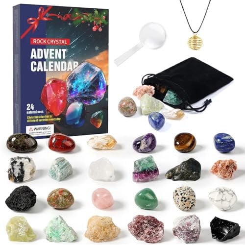 Adventskalender 2025 für Kinder Kristalle, Weihnacht Countdown Kalender 24 Stück natürlicher Edelstein Gesteine,Natürlichen Achat Mineralien Adventskalender für Kinder Jungen Mädchen
