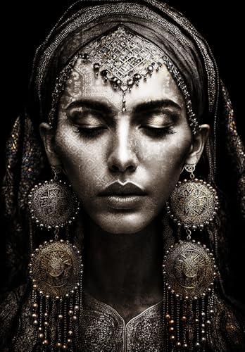 STYLER Leinwandbild Peri 85 x 113 cm (AUFHÄNGFERTIG) I Orientalische Kunst auf Leinwand I Mystische Frau I Schwarz-Goldene Wanddekoration I Leinwand Bild Wandbild Wohnzimmer Schlafzimmer Flur