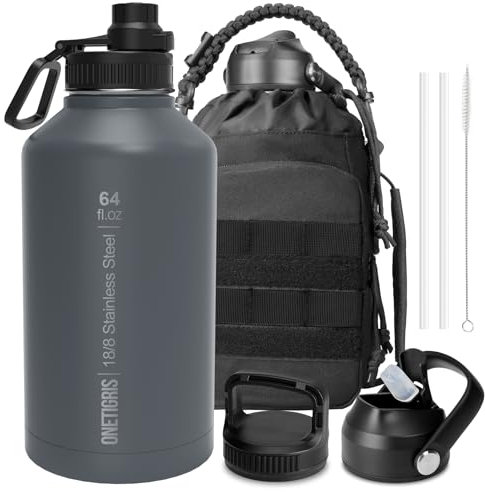 OneTigris Edelstahl Trinkflasche, Wasserflasche 1,9L Hohe Kapazität, Sportflasche mit gute Isolationswirkung für Fahrrad, Camping, Yoga, Gym, Softair, Grau, 64OZ