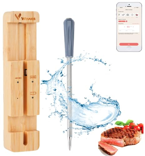 Winnes Kabelloses Fleischthermometer mit Bluetooth, IPX7 wasserdichtes Fleischthermometer zur Fernüberwachung von Grills, Öfen, Steaks, Pfannen und mehr über eine mobile App.