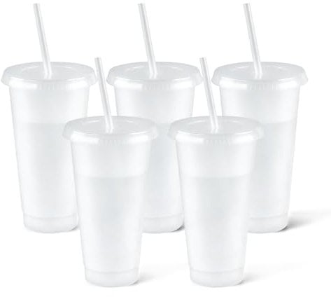 Reusable Glitter Cups with Lids and Straws Plastic Tumblers Travel Mugs for Adults to Drink Water Coffee Smoothie Beverages at Parties- 710ml Pack of 5 White
