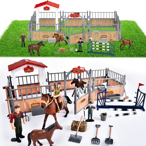 JONRRYIN 55 Stück Pferdestall Spielzeug PferdClub mit Pferde Figuren, Pferdehof Zaun Pferdehirte, Reiterhof Spielzeug Bauernhof Geschenk für Kinder Jungen Mädchen 4 5 6 7 8 9 10 Jahren