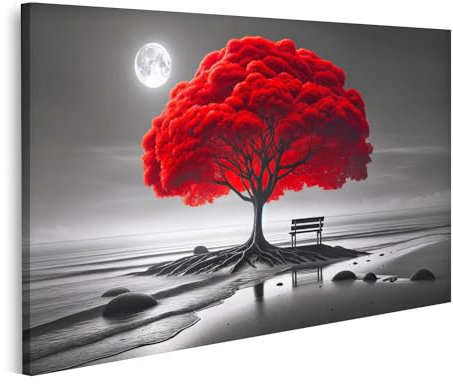 islandburner Prime Image sur toile Arbre rouge lumineux sur une plage monochrome avec lune Images murales Poster