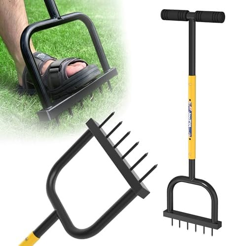 JouZYA Verstellbarer Rasenbelüfter, Spike-Werkzeug mit breiter Fußplatte, 6 vergrößerte 6 mm Spikes, manueller Hof-Grasbelüfter, Gartenwerkzeug für Rasenpflege, Innenhöfe, 96,5 cm