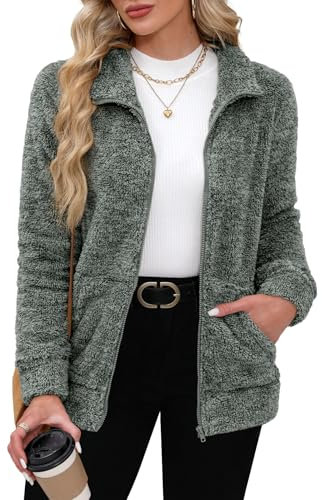 BesserBay Giacca invernale da donna con colletto alto, in pile Teddy, calda, con tasche a cerniera, taglie S-XXL, grigio, XXL