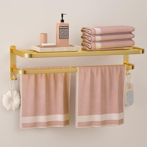 DDS-DUDES Gold Bathroom Towel Rack Towel Shelf with Double Towel Bars Lavatory Wall Mount Holder with Hooks Golden Stainless Steel Hotel Bath Rack 23 inches