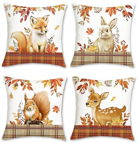 Bonhause Fundas Cojines Otoño Animales 45 x 45 cm Funda de Almohada Zorro Ciervo Ardilla Conejo Terciopelo Suave Cojines Decorativos para Sofá Cama Hogar Jardín Juego de 4