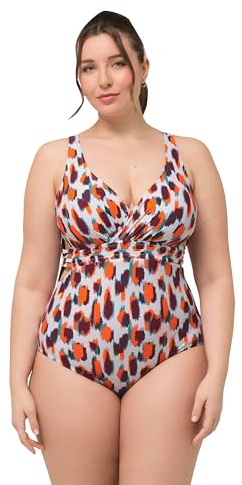 Ulla Popken Damen große Größen Übergrößen Plus Size Badeanzug, Fleckenmuster, herausnehmbare Softcups schneeweiß 52 826492200-52