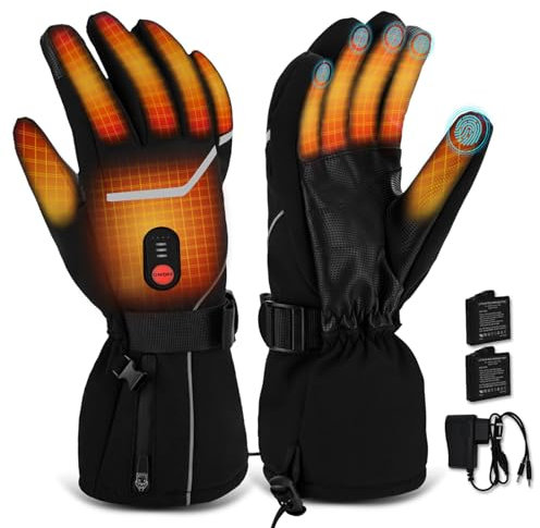 Podazz Beheizbare Handschuhe, 3 Stufige Beheizte Ski Handschuhe mit 7.4V 3000 mAh Batterien, Wasserdicht, Touchscreen für Klettern, Wandern, Radfahren, Camping(Schwarz,M)
