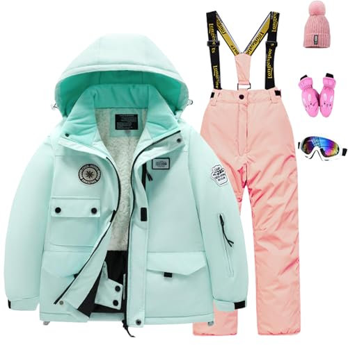L PATTERN Skianzug Jungen 2 Teilig Skijacke und Skihose Gedickte Lammwolle Outdoor Schneeanzug für Kinder Wasserdicht Skioverall,Grün+Tender Pulver,122-128