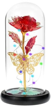 Rose Eternelle,Rose Eternelle Sous Cloche Rose éternelle en verre avec papillon, lampe artificielle, cadeau de saint valentin for petite amie et mère(A)