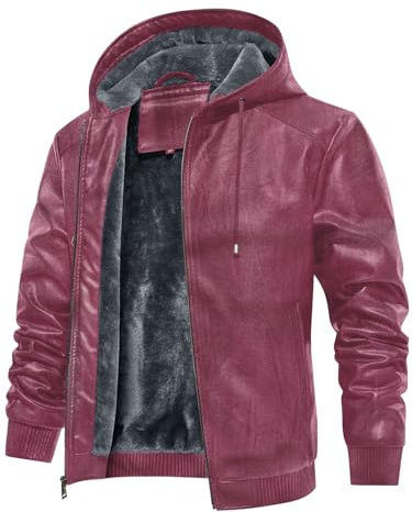 Uusollecy Veste d'hiver en cuir pour homme - Doublure chaude - Veste en cuir synthétique avec capuche - Coupe-vent - Veste de moto d'extérieur avec fermeture éclair, rouge, M
