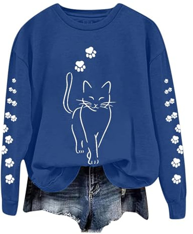 Jumpers for Women UK, Women Casual Cute Cat Graphic Printed Long Sleeve Loose Sweatshirts Pullover Sweatshirts Blouse Shirt Y2K Graphic Print Sweaters Boy Friend Style Tops