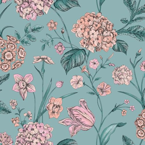 SOPHIE LAURENCE Hydrangea Garden Flowers Teal Green Floral Wallpaper, Vintage Botanical Wall Decor for Living Room, Bedroom, Dining Room, and Interior Design