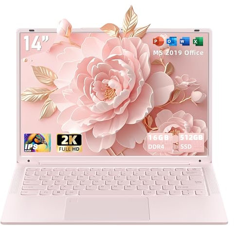 Fsjun 14.1'' Pink Laptop, Celeron N5105 CPU (Up to 2.9 Ghz), 16G RAM 512GB SSD, 2K UHD(2160 * 1440) IPS Display, Win 11 Pro/Office19, Webcam, 6000MAh, WiFi, Backlit KB, Fingerprint Unlock (16G+512GB)