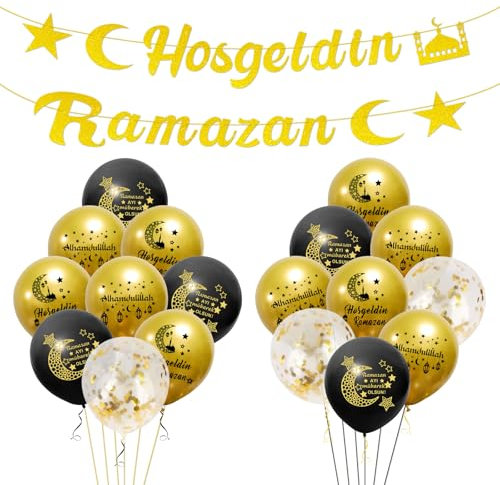 Hosgeldin Ramazan Banner Luftballons,Ramadan Girlande Banner,Gold Glitzerndes Party Hängen Banner,mit 18 Hosgeldin Ramazan Islam Latexballons,Ramadan Deko Partyzubehör,für Home Garten Festival Party