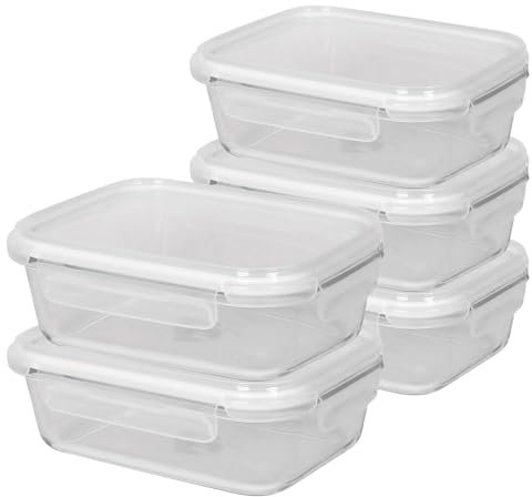 Harbour Housewares 1 Litre Glass Food Storage Containers with Lids - Clear/White - 5x Large Reusable Airtight Meal Prep Lunch Box Takeaway Cereal Pantry Tubs Set | Safe for Freezer and Microwave