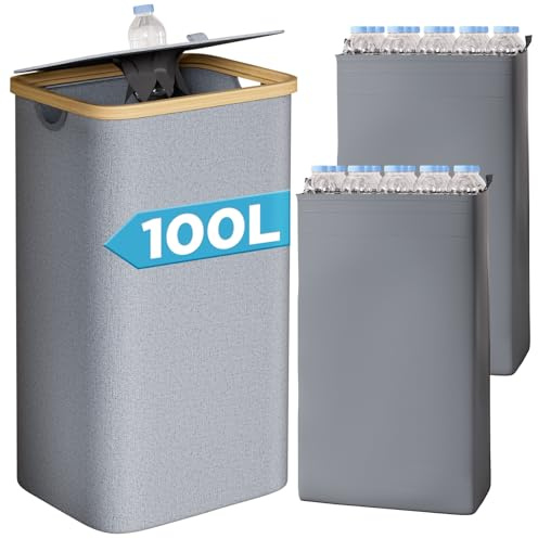 Yorbay 100L Pfandflaschen Sammelbehälter mit Deckel & 2 Tragetaschen, Pfandflaschen Aufbewahrung mit Bambusrahmen Fasst 35-45 Leere Flaschen, Flaschensammler mit Loch für Küche und Lagerraum, Grau