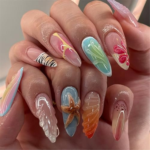 Lot de 24 faux ongles à presser avec motifs d'amande française et coquillage de mer 3D pour les amateurs d'art des ongles
