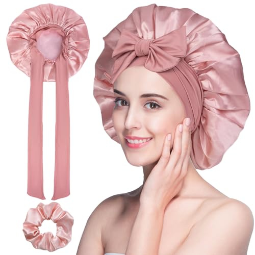 Berretto di Seta con Scrunchies, Cuffia Seta Capelli Ricci Capelli Notte Morbida e Confortevole Cuffia per Dormire in Raso per Donna e Ragazza(Rosa)