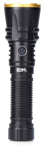 EDM Linterna LED de Largo Alcance, 600m, 20W, 1800lm, IP65, 3 Modos, Zoom, Batería 4000mAh, Negro/Dorado