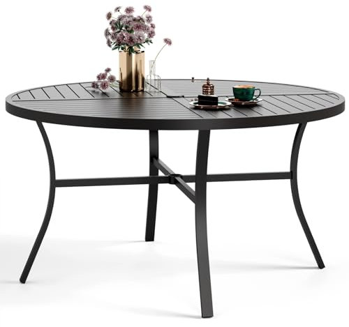 PHI VILLA Garden Table for 4, 107cm Outdoor Round Dining Table with Umbrella Hole, E-coating Metal Patio Tables for Backyard Balcony Deck Porch, Black