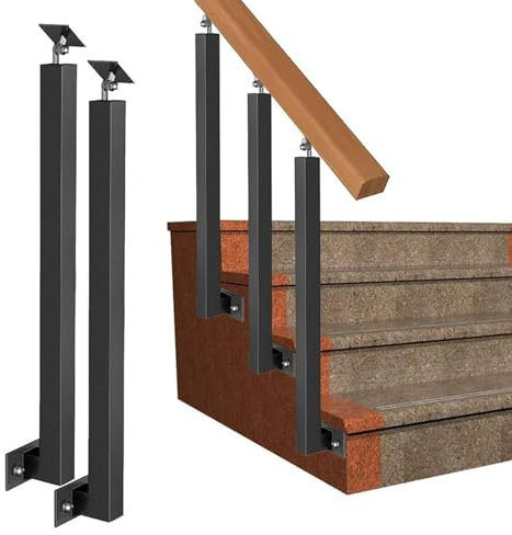 Kit de barandilla de escalera de hierro forjado de montaje lateral, 100 cm, color negro con balaustres cuadrados para seguridad en jardín y garaje, y elegante mano Ra (2 piezas)